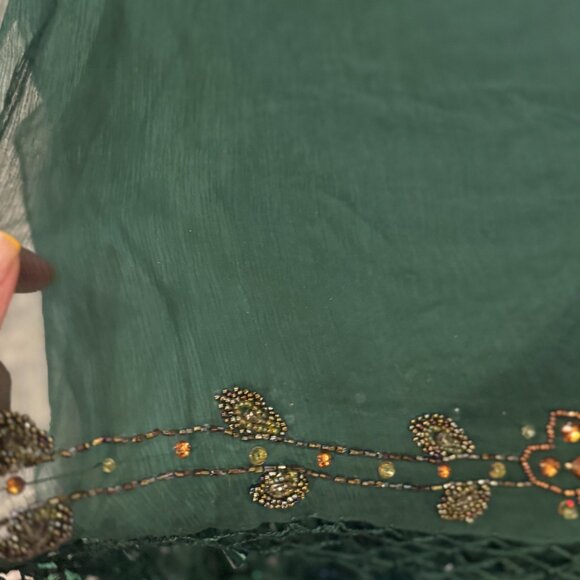 Sue Wong 100% Silk Scarf Dress Green Gold Sheer Shawl Hand Beaded Jewel Large #2 - Picture 5 of 14